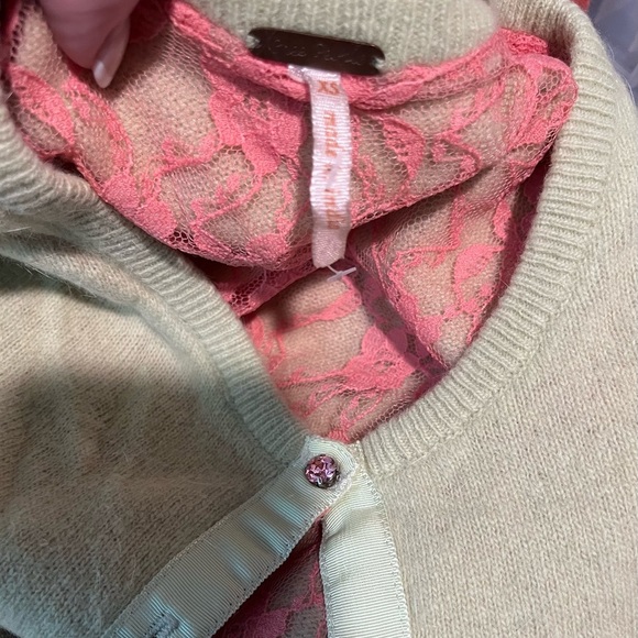 Free people xs like green angora and pink lace sweater cardigan academia - Picture 7 of 8